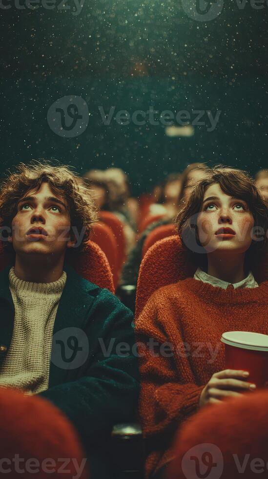 Two young adults watch a film in a crowded theater, captivated by the screen's glow during an evening outing photo