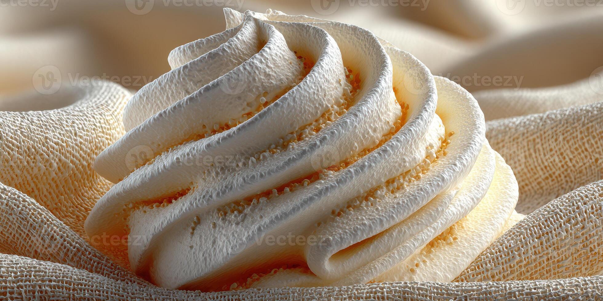 Delicious soft-serve ice cream swirl on textured fabric backdrop with creamy texture photo