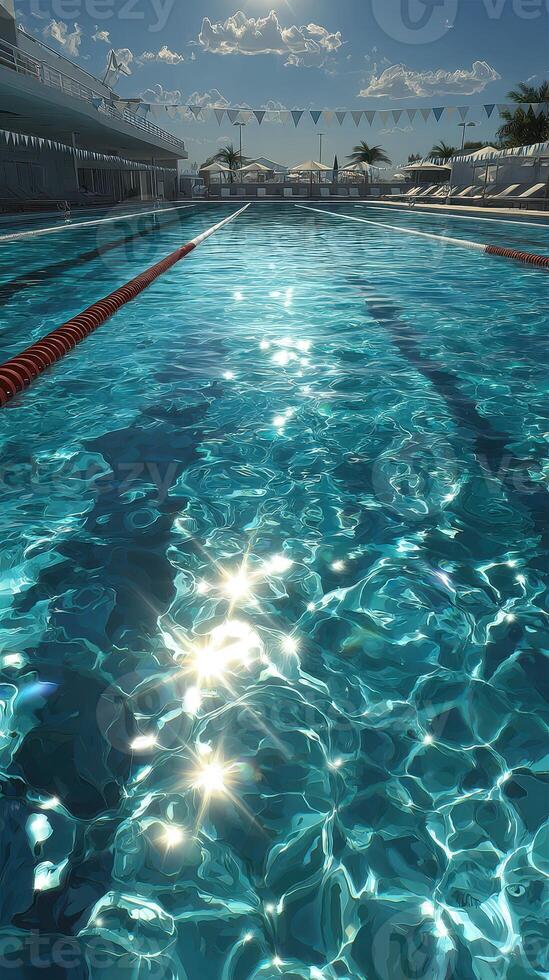 Sparkling water reflects sunlight at an outdoor swimming pool under a clear blue sky in the afternoon photo