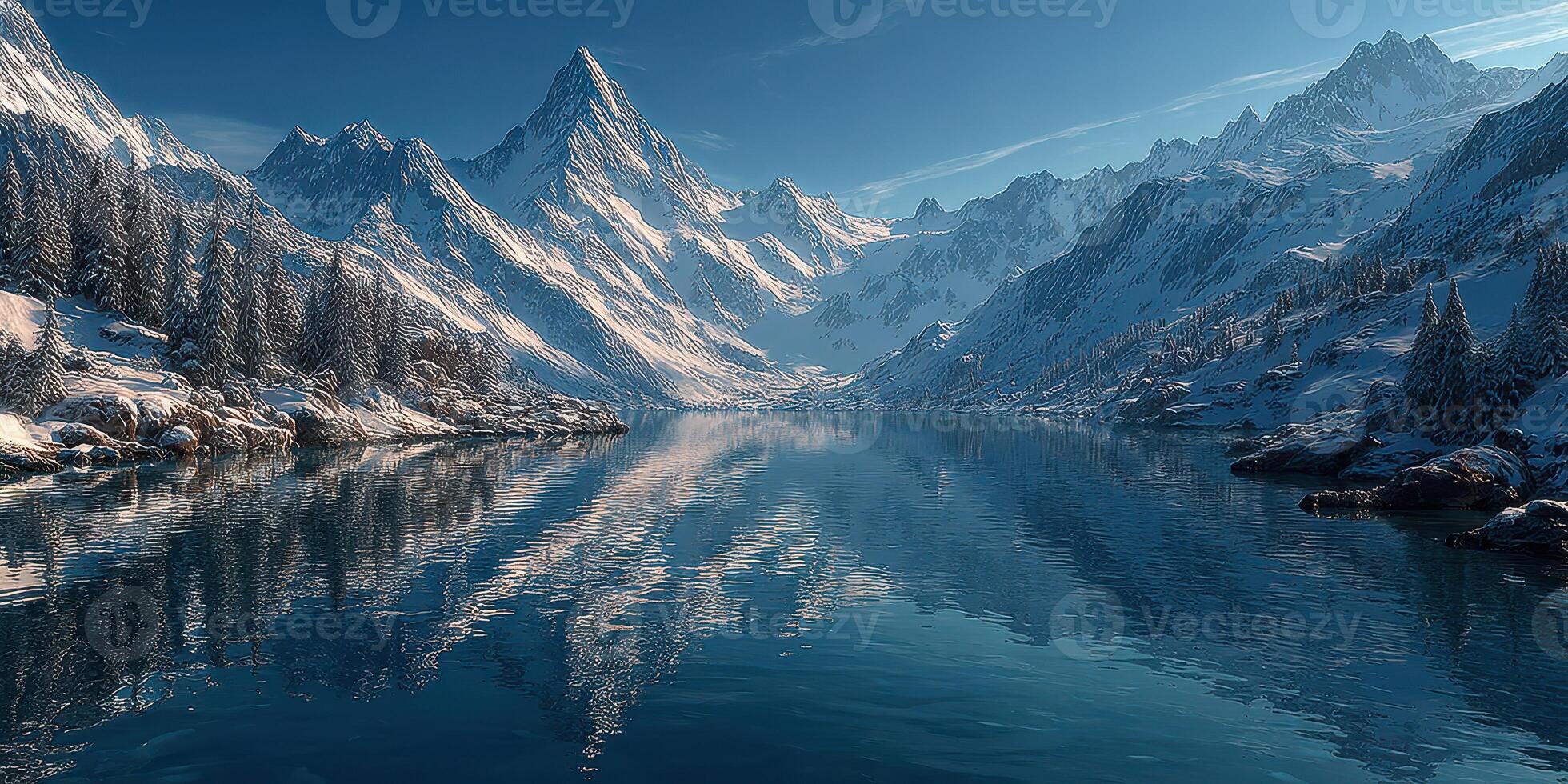 Majestic snow-covered mountains reflected in a serene alpine lake under a clear blue sky photo