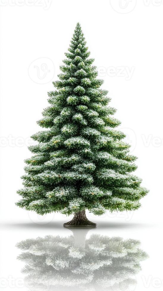 Christmas tree with snow-covered branches reflecting in white background for holiday decoration photo