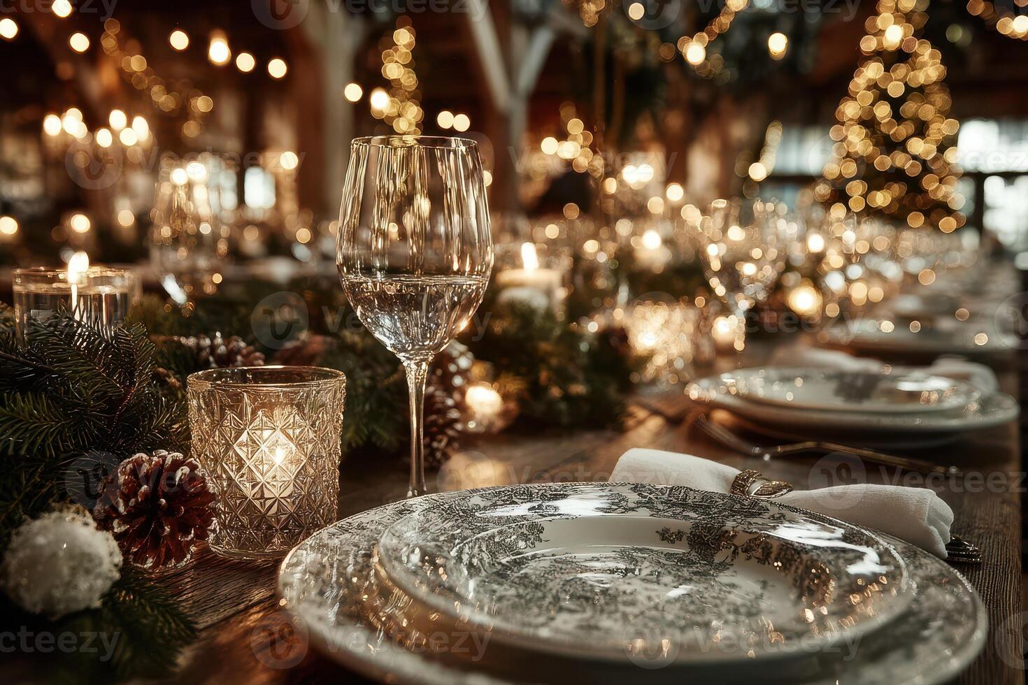 Elegant dinner setting adorned with candles and festive decorations during a winter celebration photo