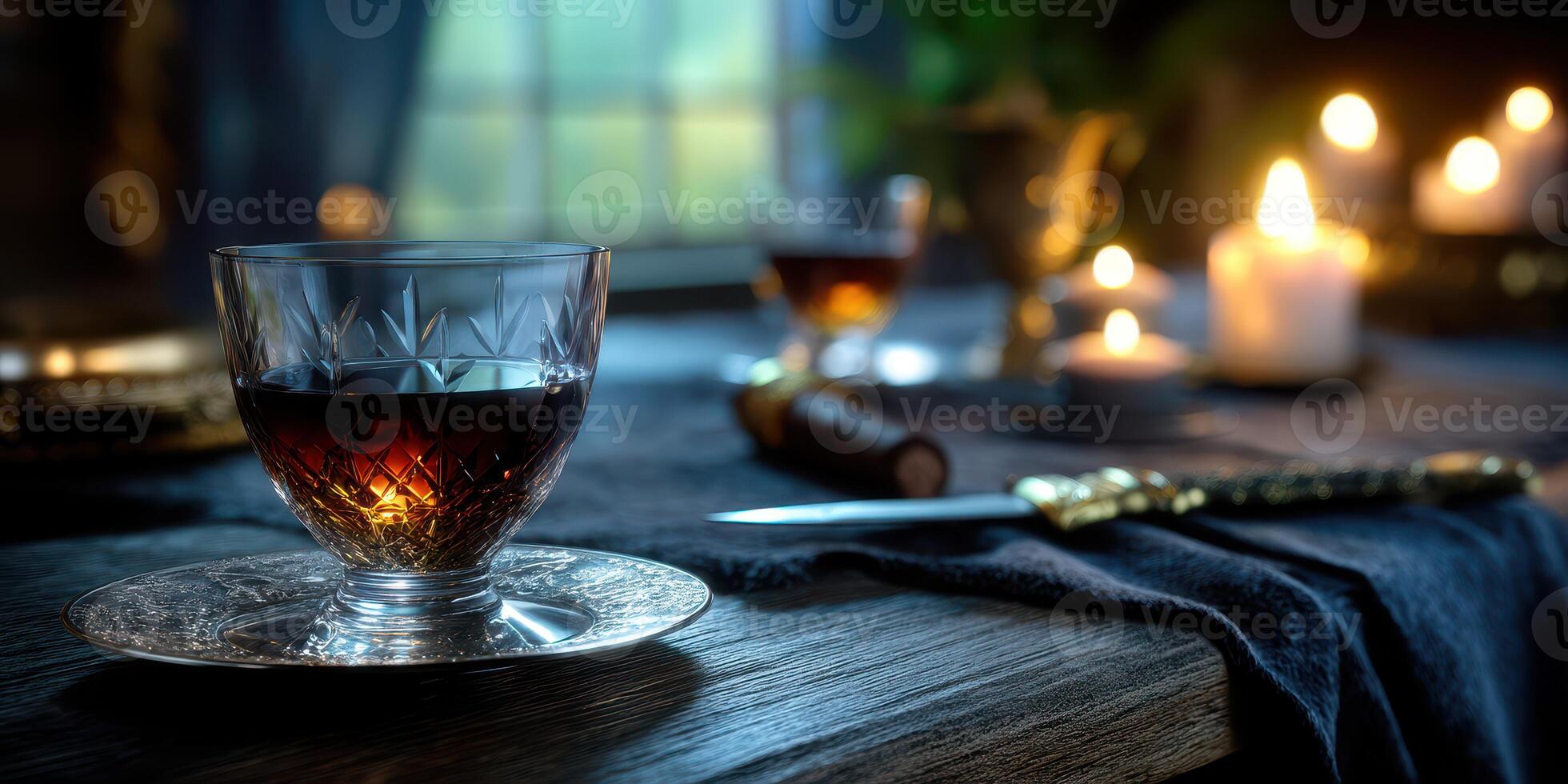 Warm ambiance of a cozy evening with candlelight, a glass of a dark drink, and soft shadows on the table photo