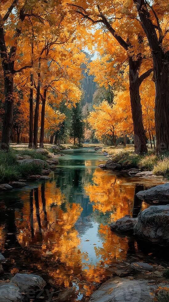 Beautiful autumn landscape with golden leaves reflecting on a serene river in a peaceful forest photo