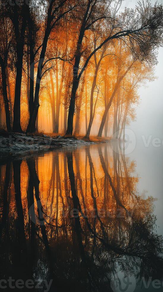 Autumn fog in the forest by the river creates stunning reflections of vibrant orange trees photo