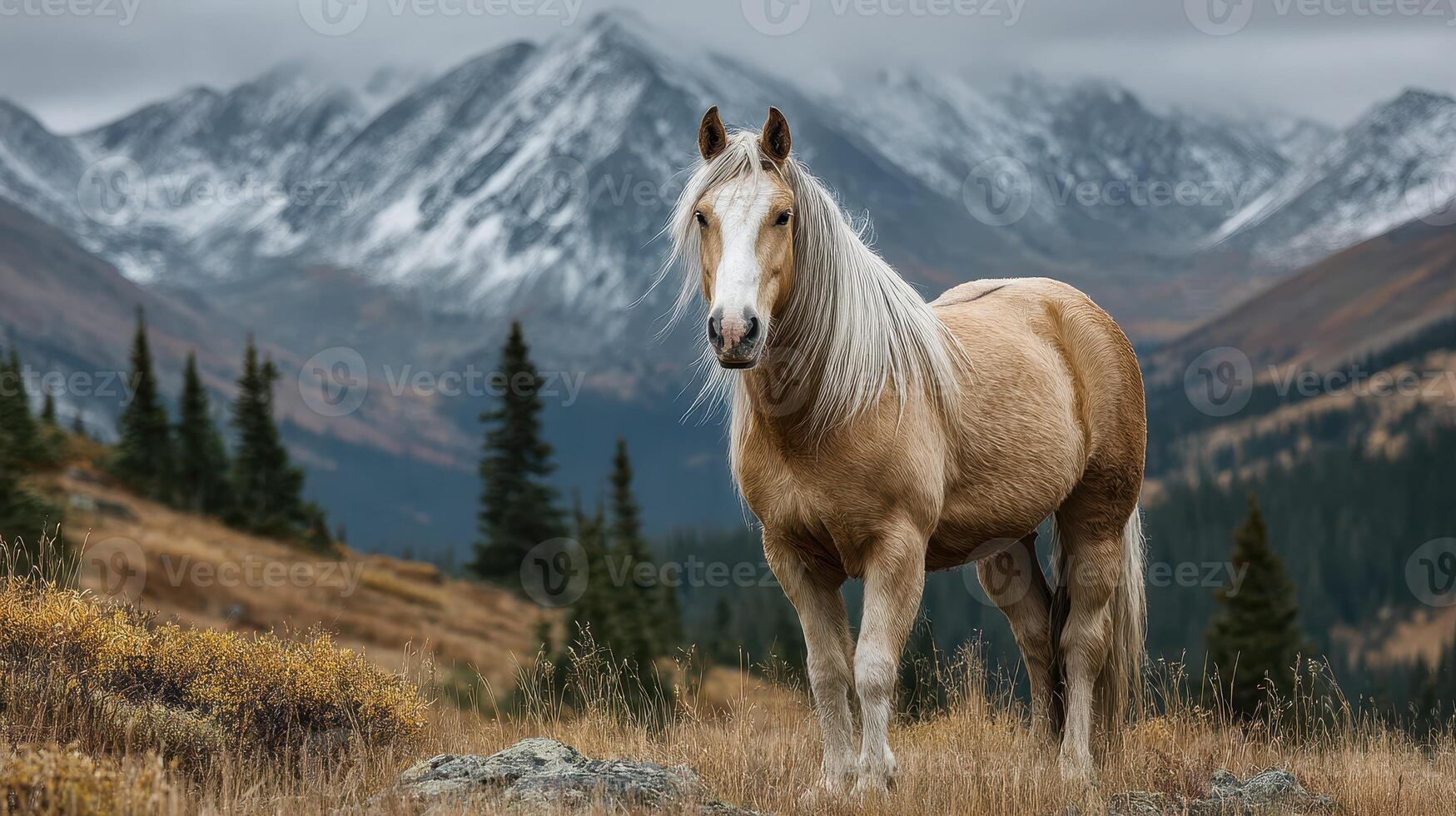 Majestic white horse stands in a rugged mountain landscape under overcast skies during autumn photo