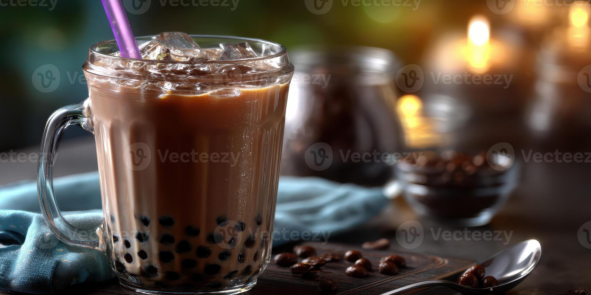 Delicious iced beverage with tapioca pearls served in a glass mug with a purple straw on a wooden table photo