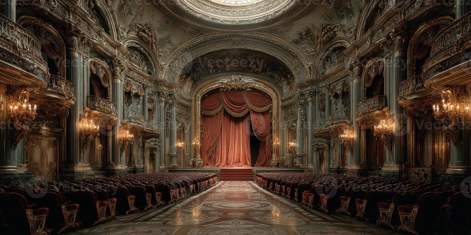 Elegant vintage theater interior with ornate decorations and rich red drapery in a historic building photo