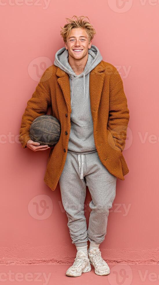 Young man in a cozy coat holding a basketball against a pink wall in urban setting photo