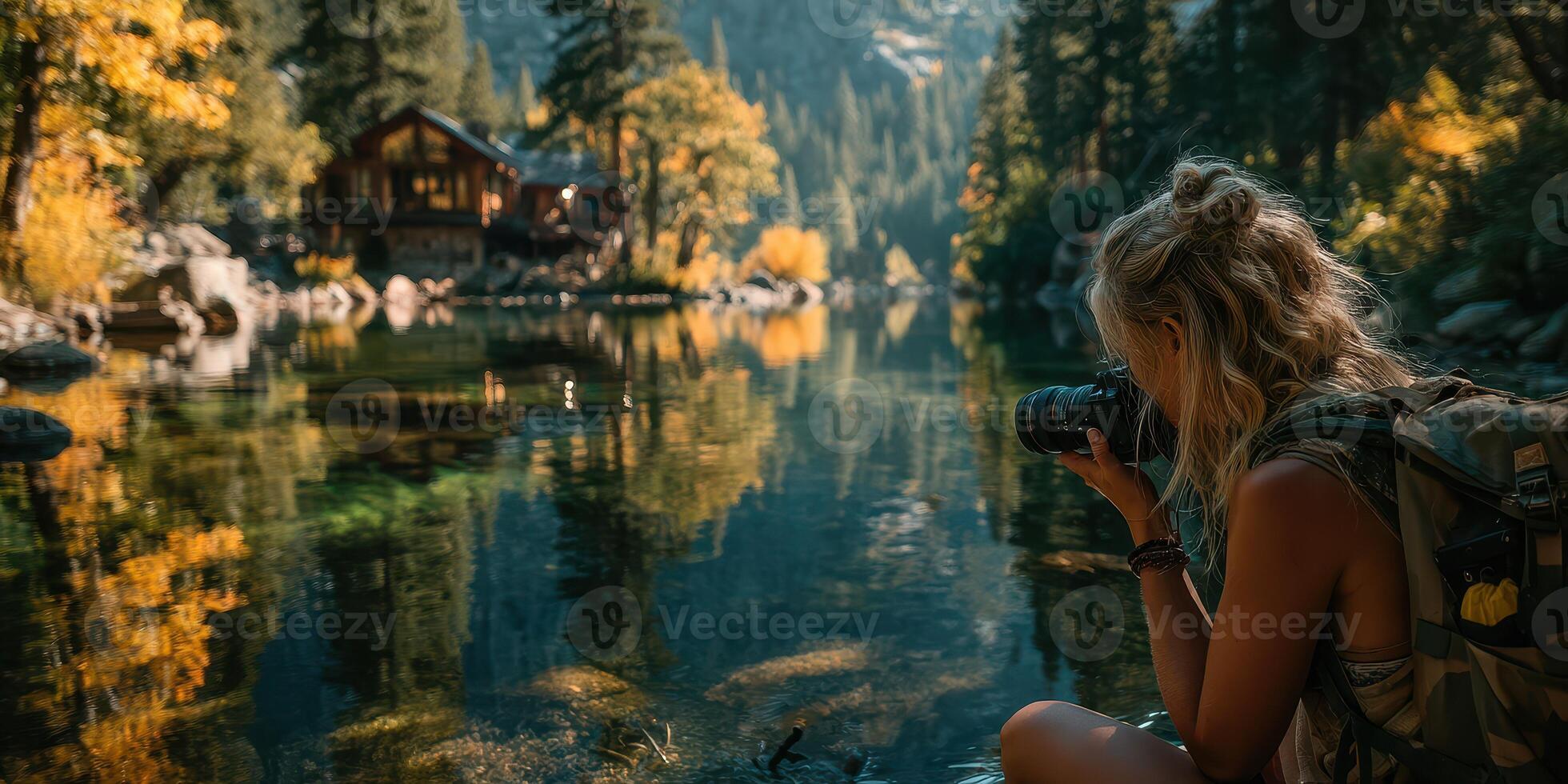 Photographer capturing autumn reflections in serene lake with rustic cabin in background during golden hour photo