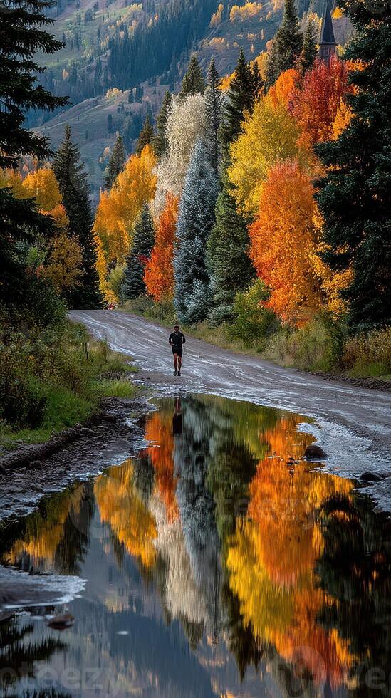 Runner enjoys scenic autumn landscape along dirt road by reflective pond in colorful mountain setting photo