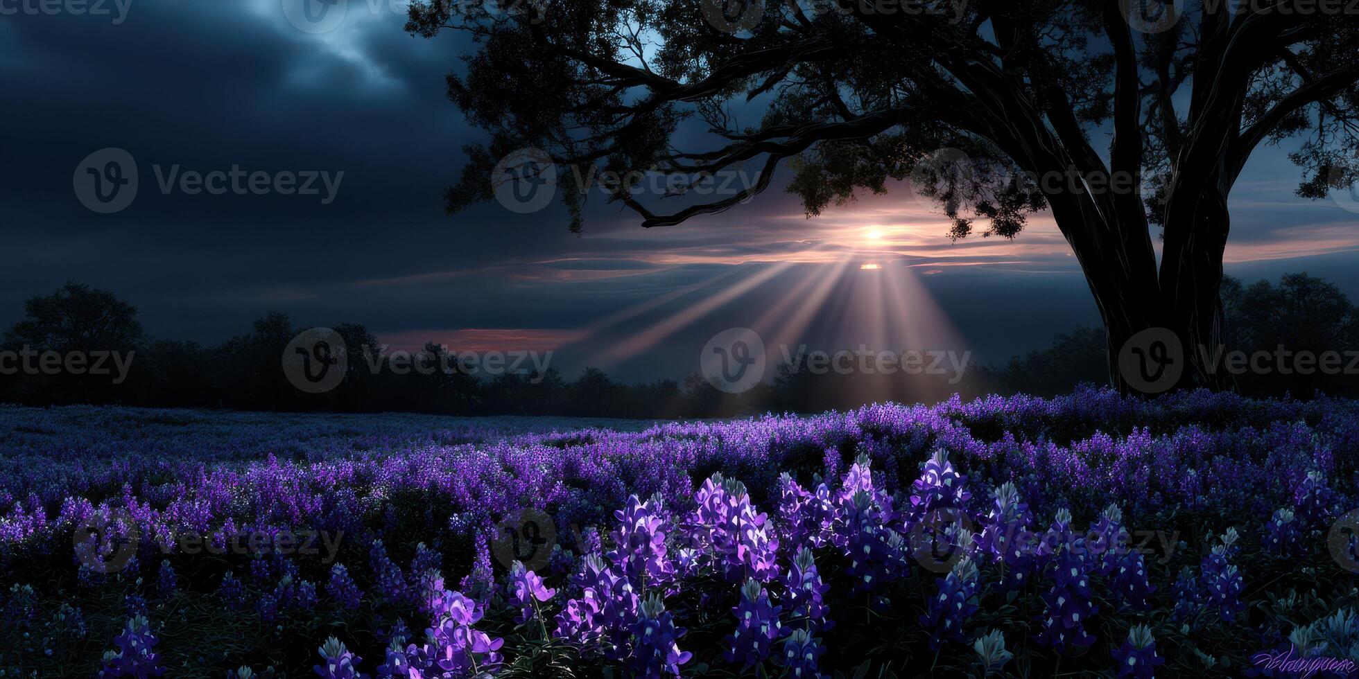 Violet wildflowers bloom under a starry sky with beams of moonlight illuminating the landscape during twilight photo