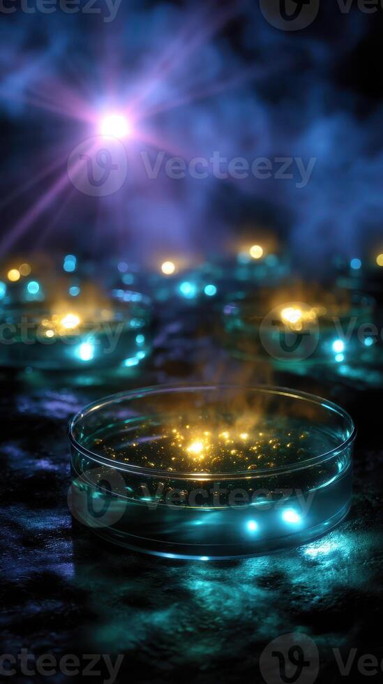 Colorful glowing reflections in glass dishes with shimmering particles create a mystical atmosphere in a dark setting photo