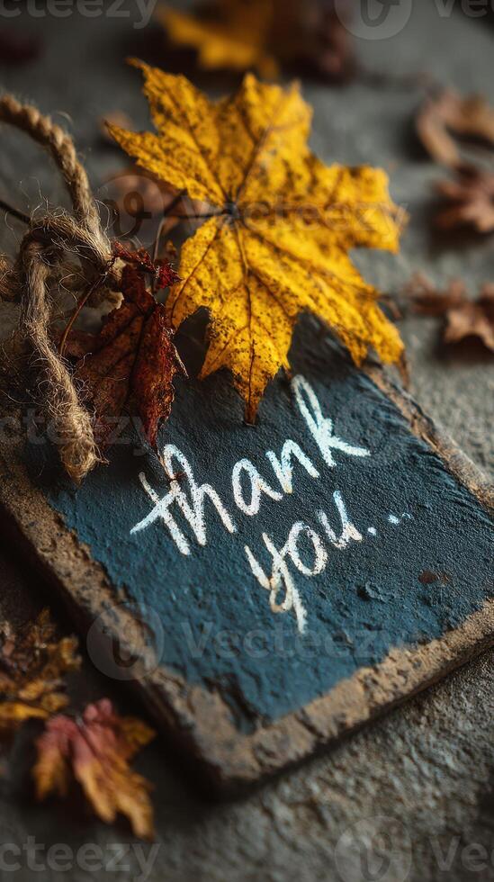 Thank you note with autumn leaves on rustic surface featuring warm colors and cozy vibes in fall season photo