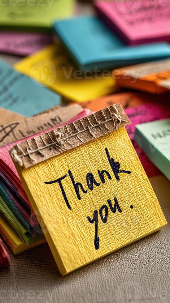 Colorful sticky notes with messages of gratitude on a desk during the day in a home office setting photo