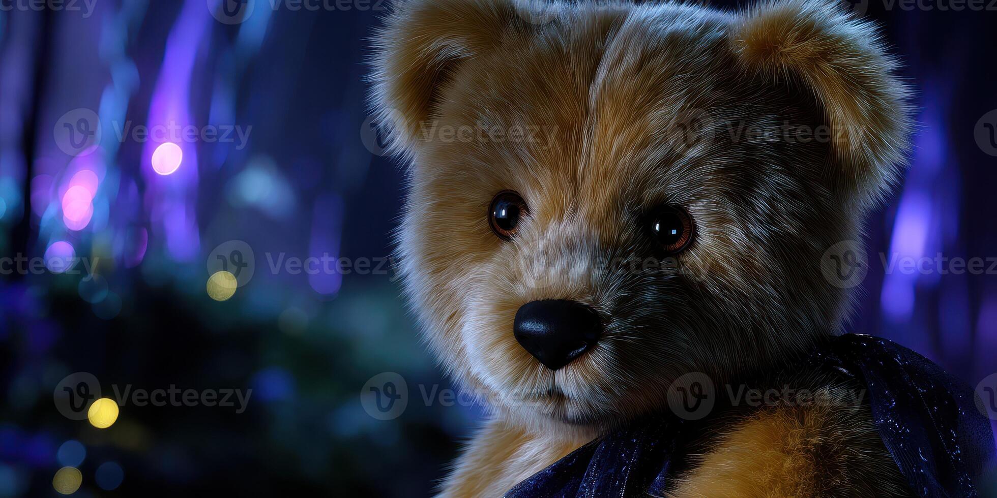 Soft teddy bear with a friendly expression in a cozy setting during nighttime festivities photo