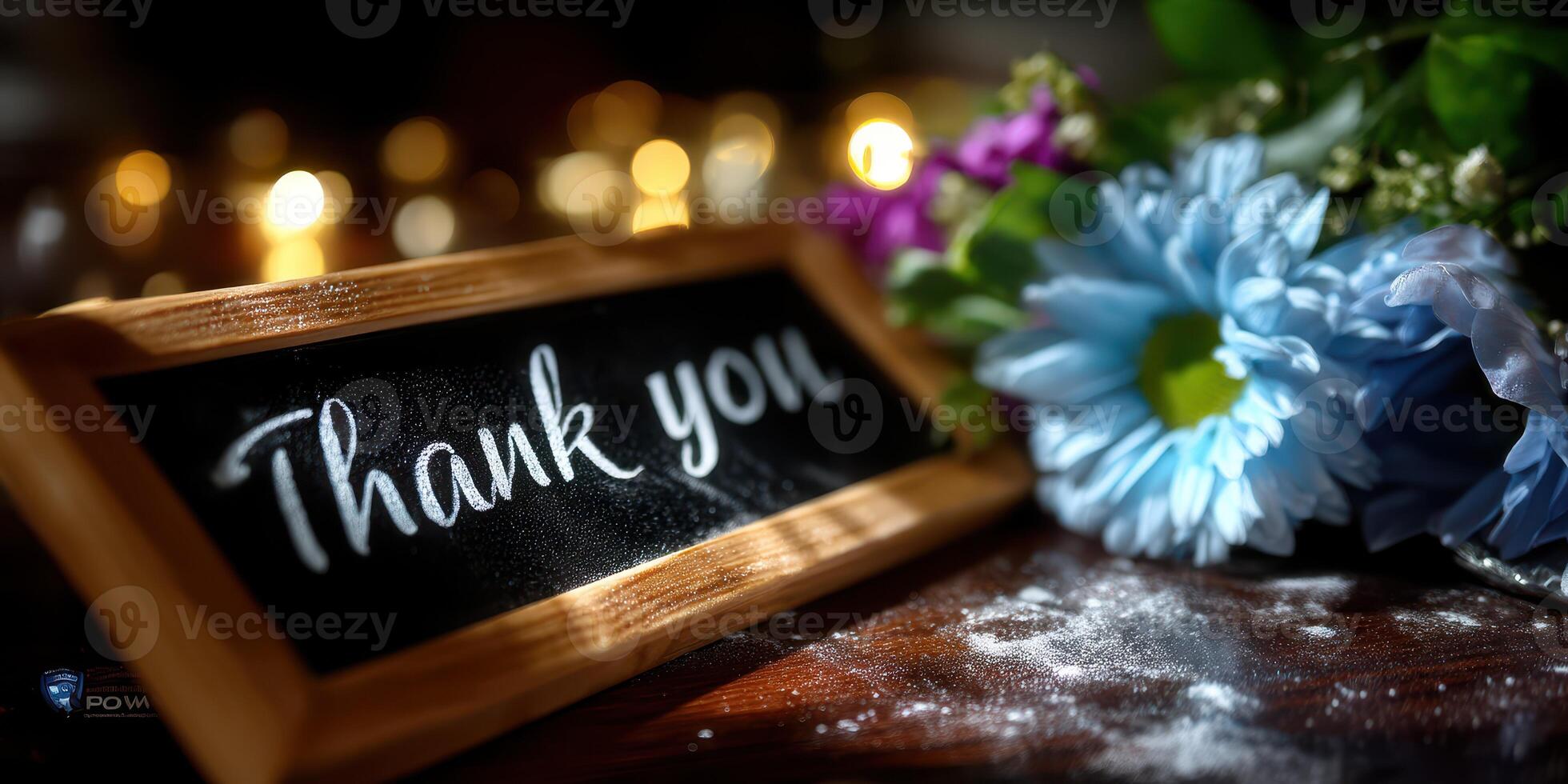 Thank you sign with flowers on a table set for a celebration at dusk photo