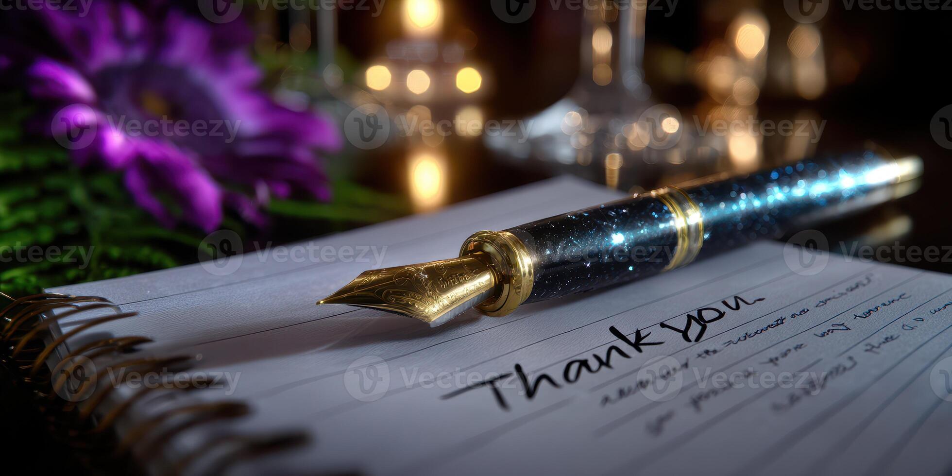 Elegant thank you note with a fountain pen and purple flower on a wooden table at a cozy evening gathering photo