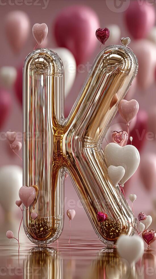Balloon letter K surrounded by colorful hearts and festive decorations in a playful setting photo