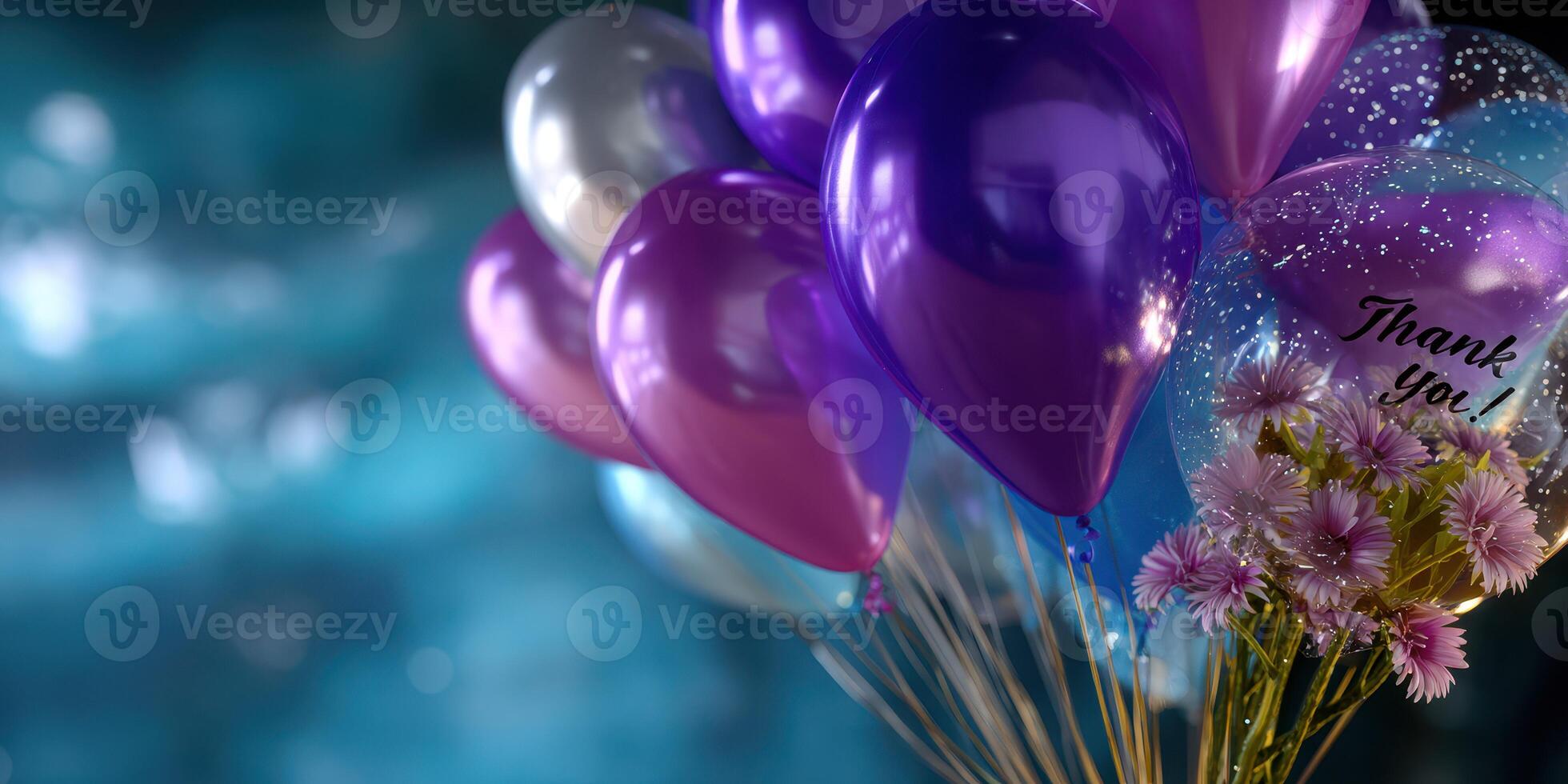 Colorful balloons and flowers expressing gratitude in a joyful celebration setting photo