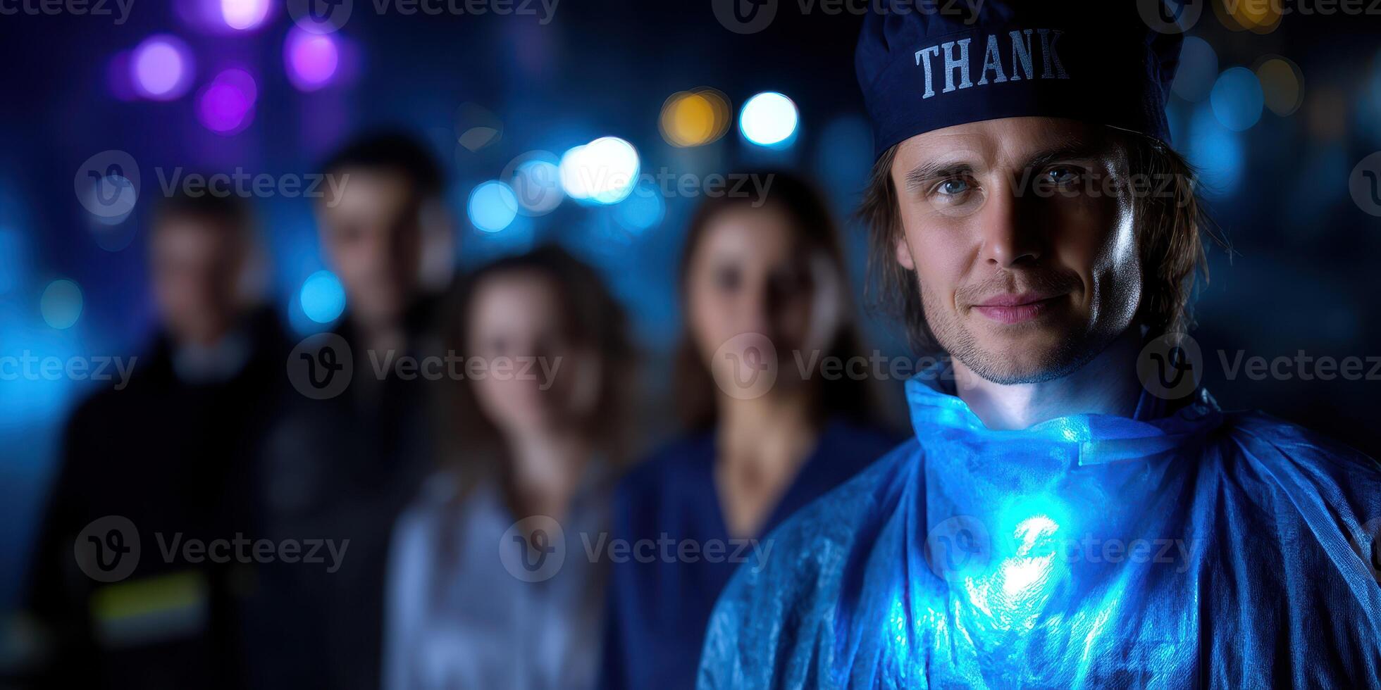 Healthcare worker expresses gratitude during nighttime shift in a hospital amidst vibrant lights and blurred colleagues in the background photo