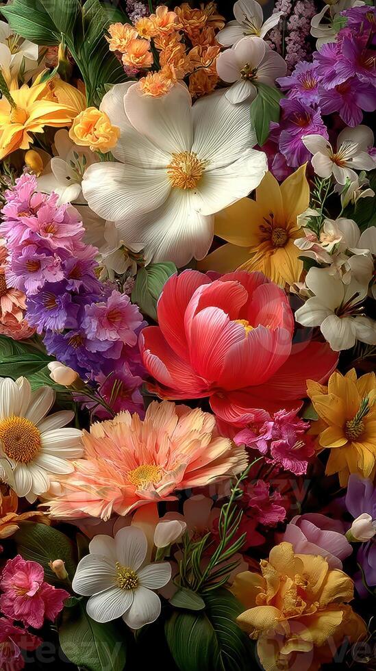 Colorful floral arrangement showcasing a variety of blooming flowers in springtime hues of red, yellow, white, and purple photo