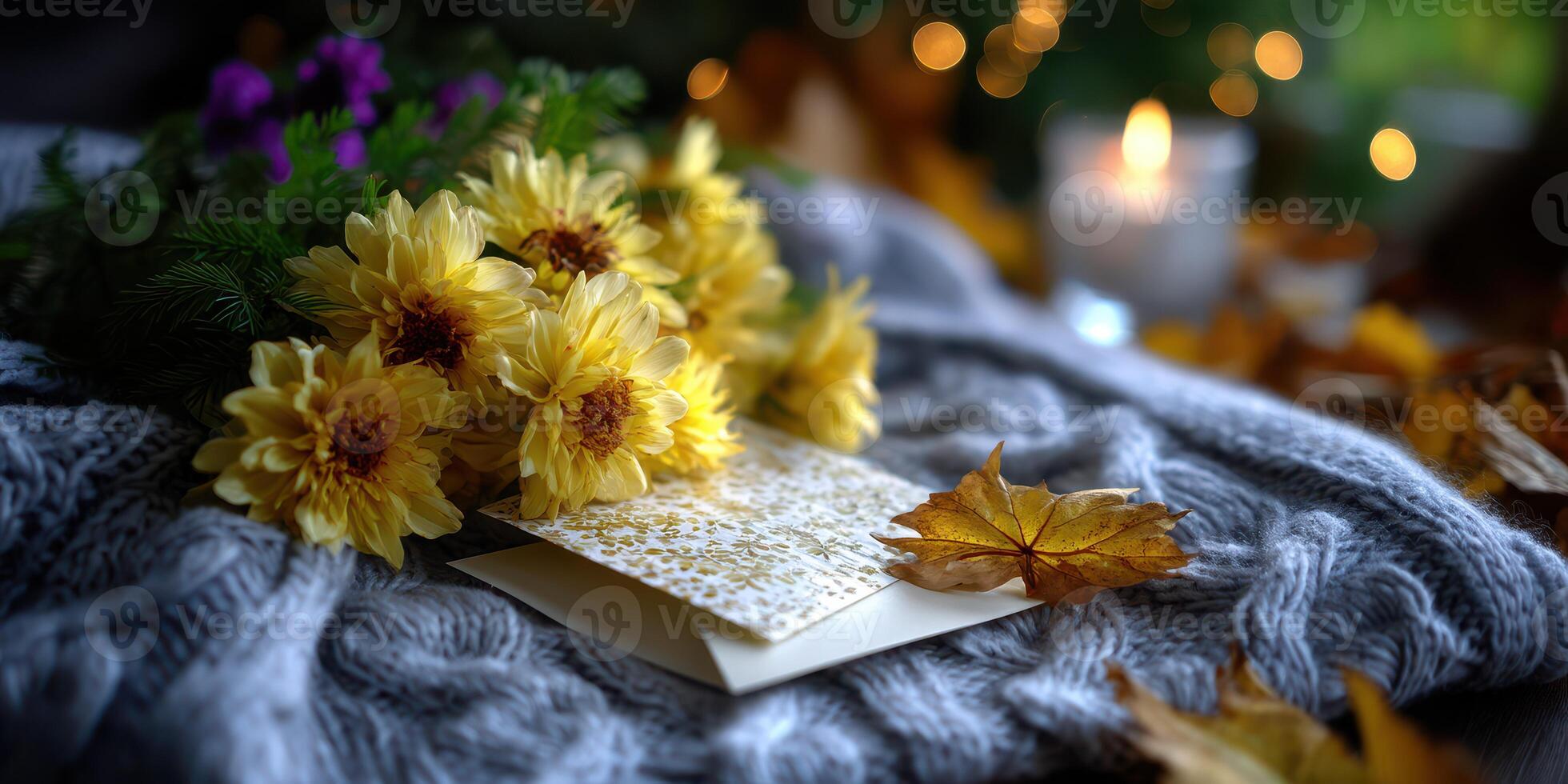 Colorful autumn flowers and decorative card on cozy knit blanket by candlelight create a warm and inviting atmosphere photo