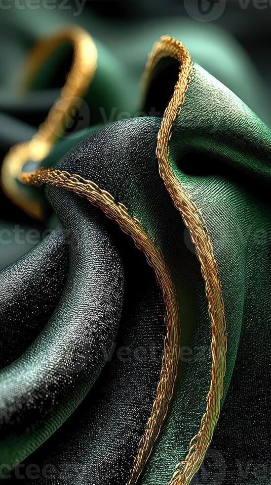 Elegant green silk fabric with intricate golden thread detailing creates a rich visual texture in a close-up shot photo