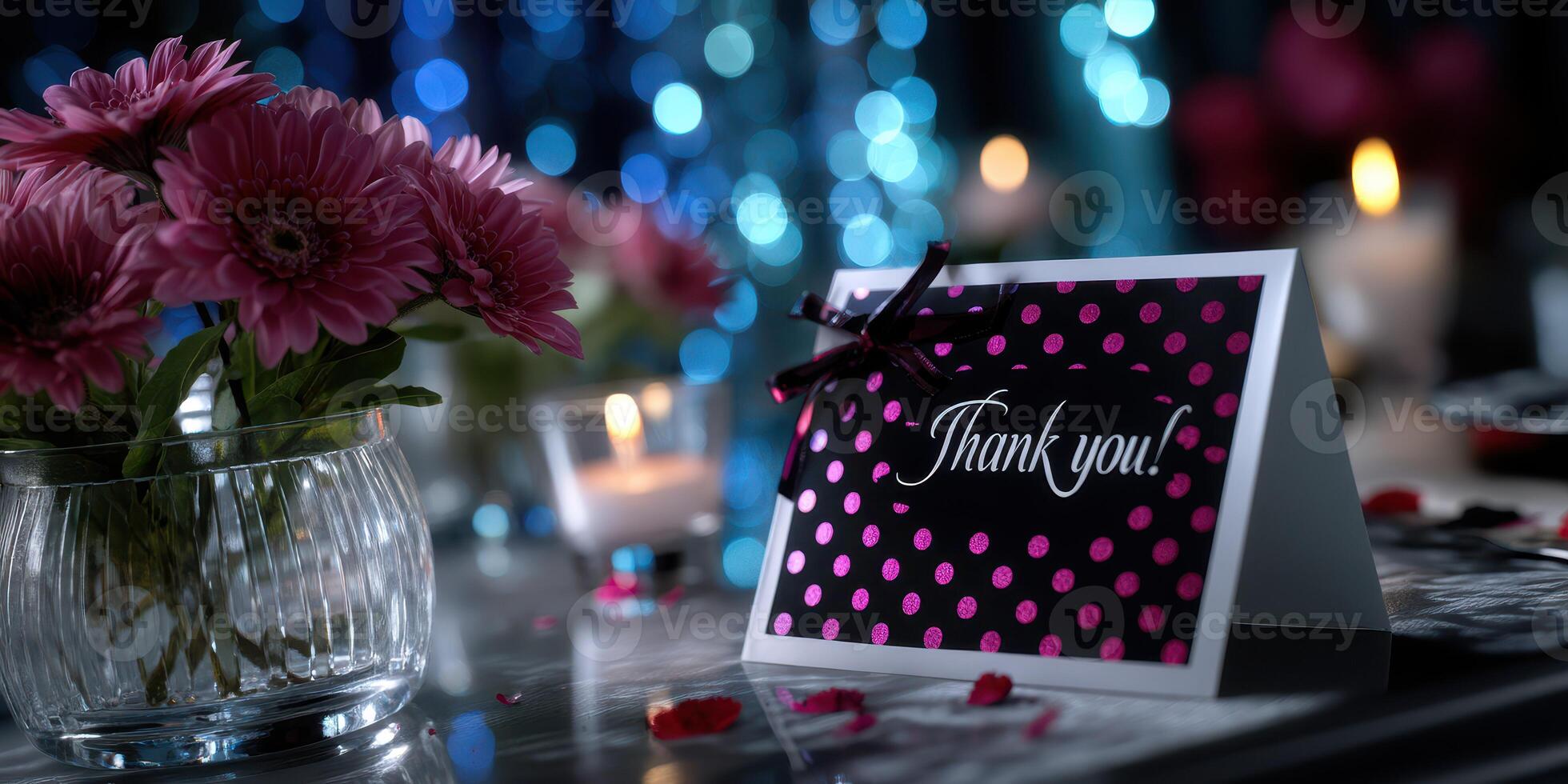 Thank you card displayed with pink flowers and candles at a festive event photo