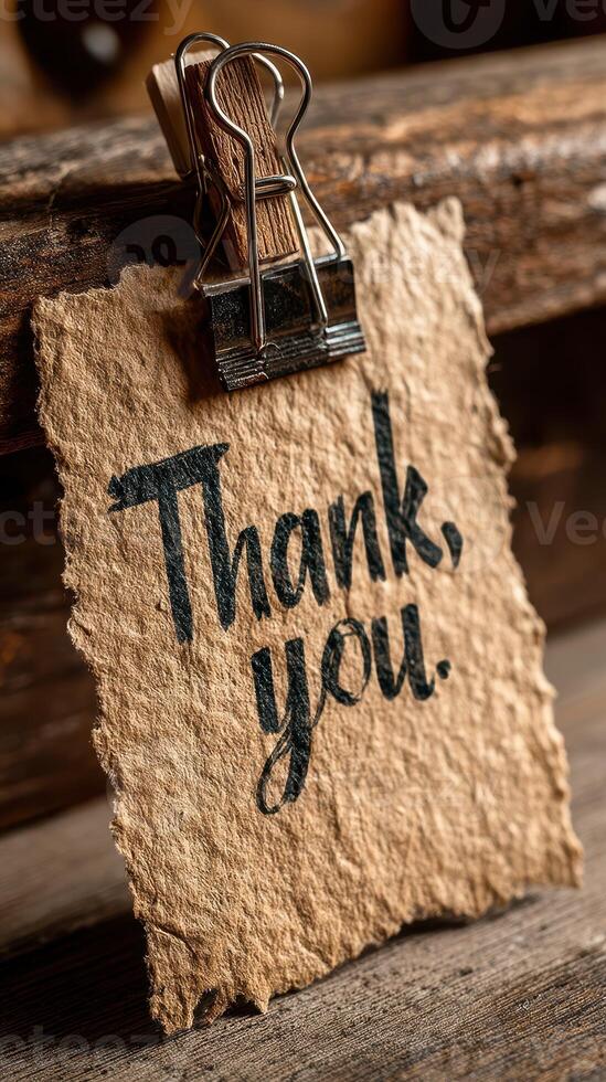 Message of gratitude displayed on rustic paper with a wooden clip, ideal for expressing thanks in various settings photo