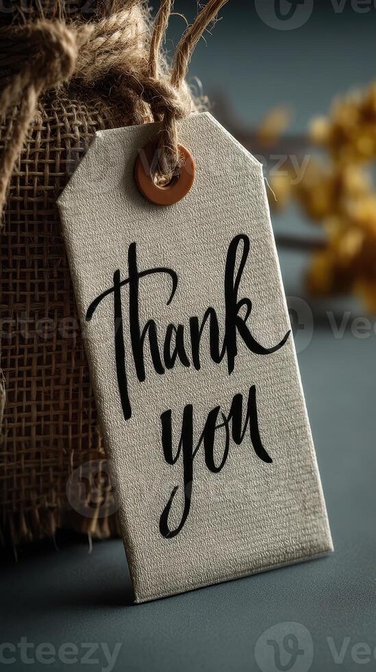 Elegant handmade thank you tag on a rustic burlap background with yellow dried flowers photo