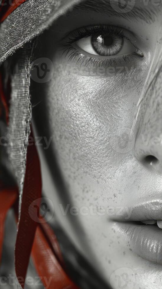 Close-up portrait of a person with striking freckles wearing a decorative headpiece in muted tones photo
