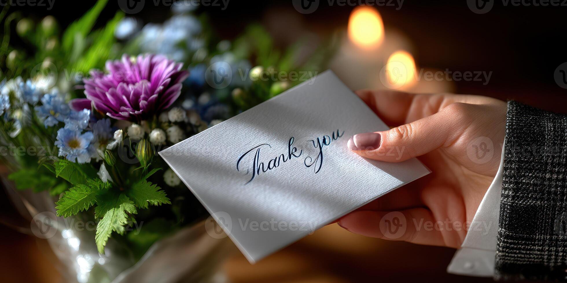 Hand delivering a thank you note beside a bouquet of colorful flowers on a softly lit table photo