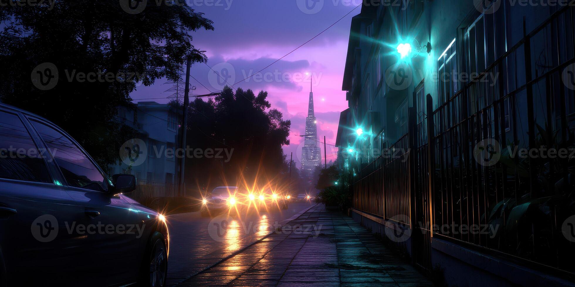 Evening street view with city skyline and colorful sky at twilight photo
