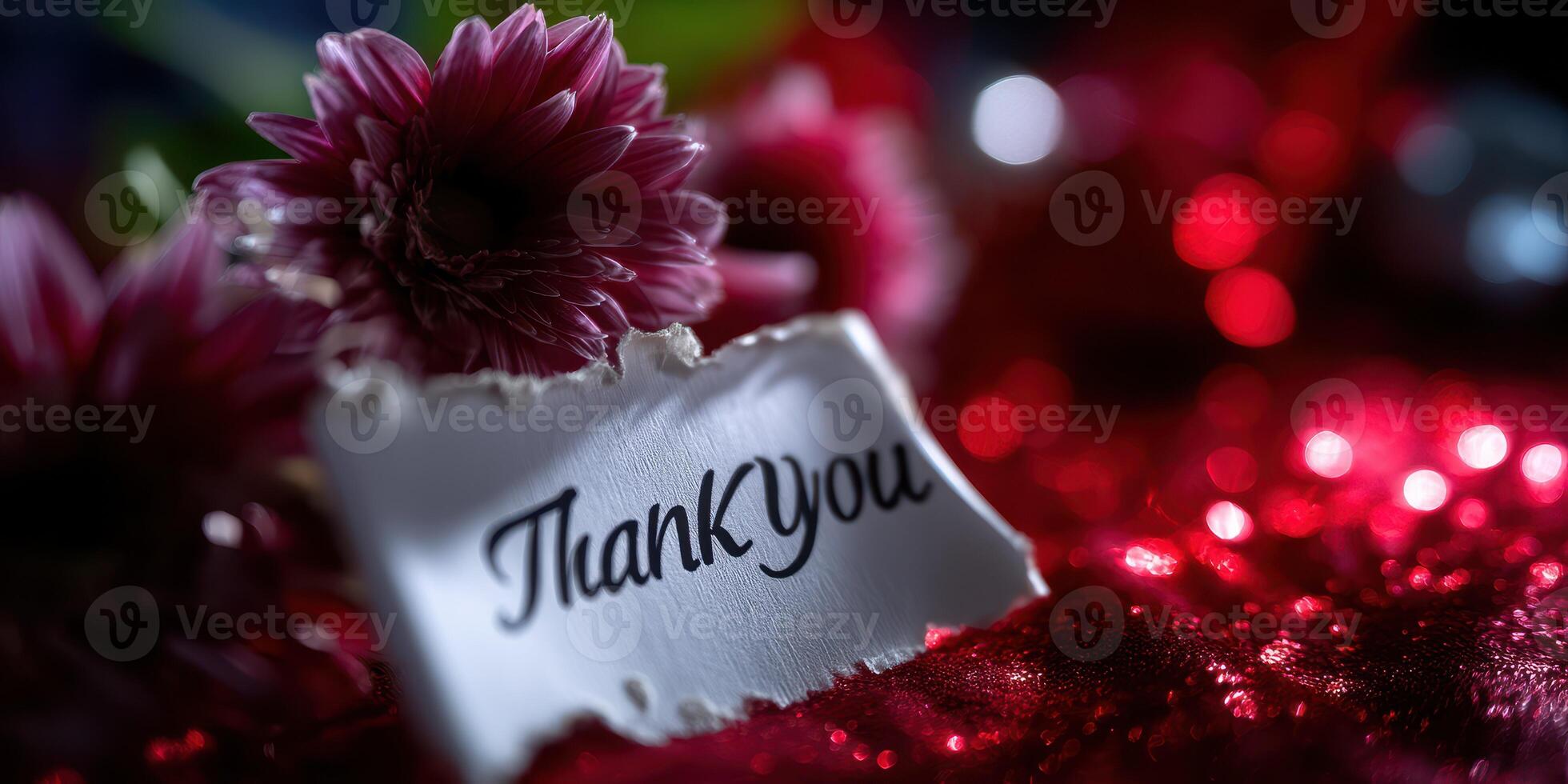 Thank you note next to flowers on a sparkling red surface during a celebratory gathering at night photo
