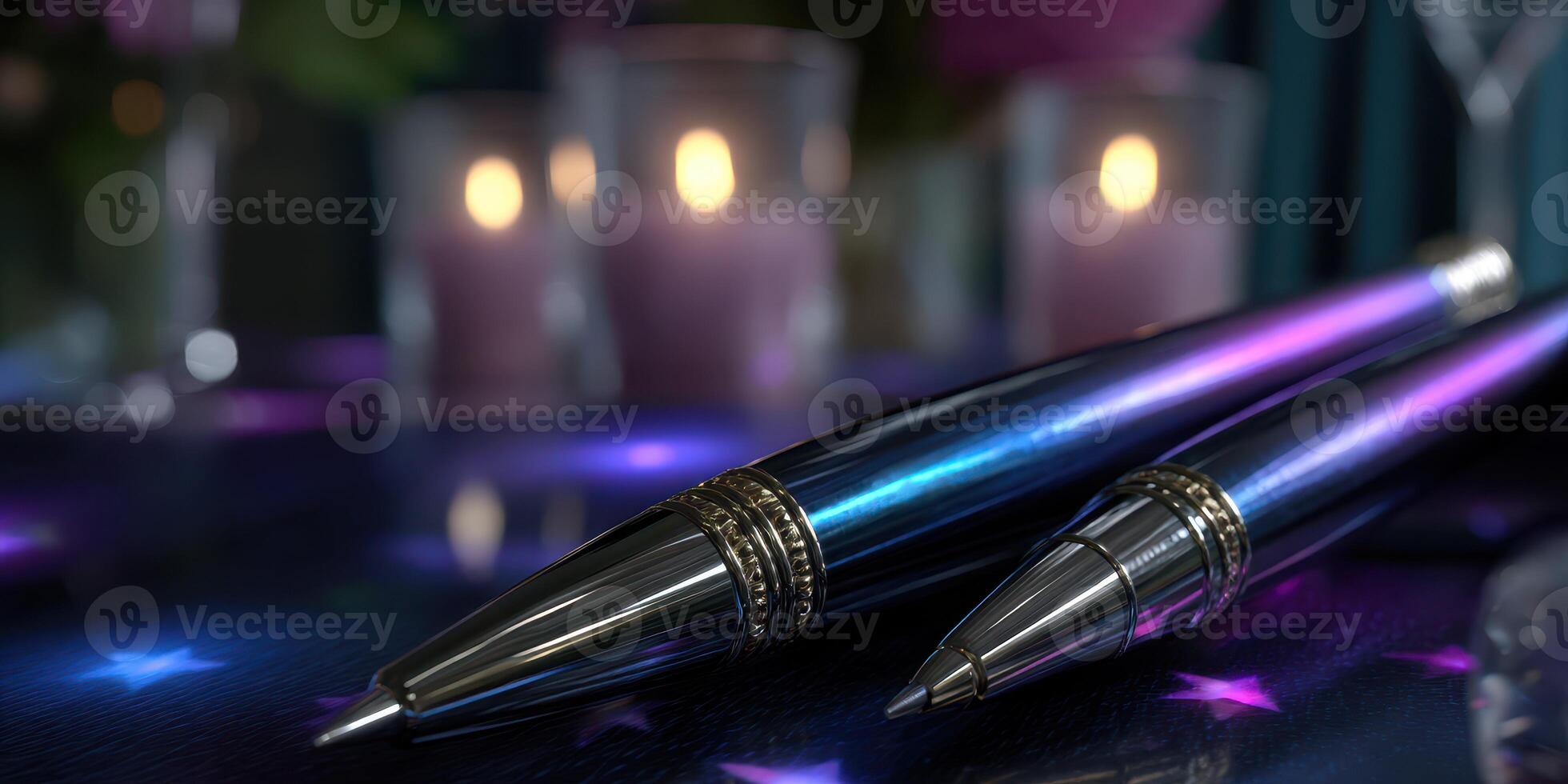 Elegant pens on a decorated table with soft candlelight during a celebration in the evening photo