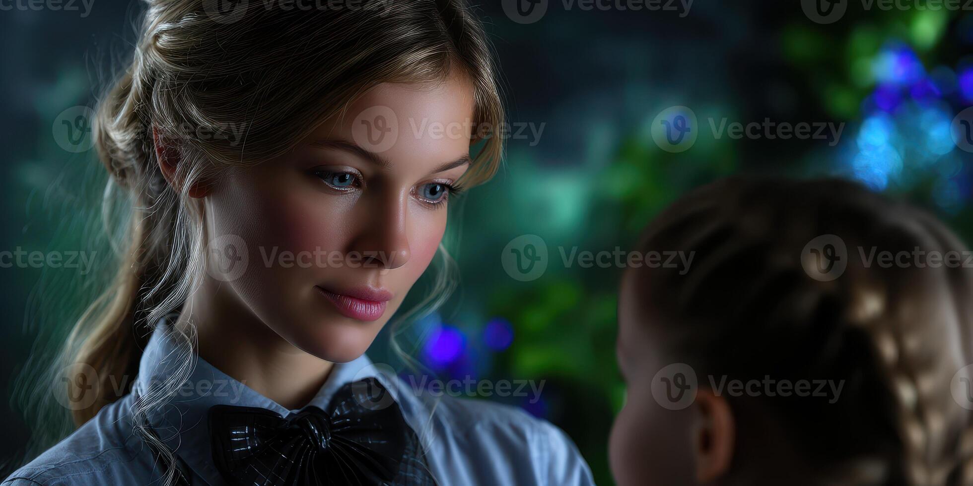 Emotion conveyed between a young girl and a woman in a garden setting during golden hour photo