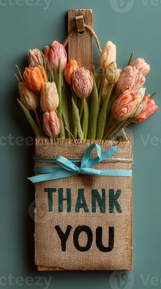 Colorful tulips in a rustic thank you container hanging on a teal wall showcasing appreciation and beauty in home decor photo
