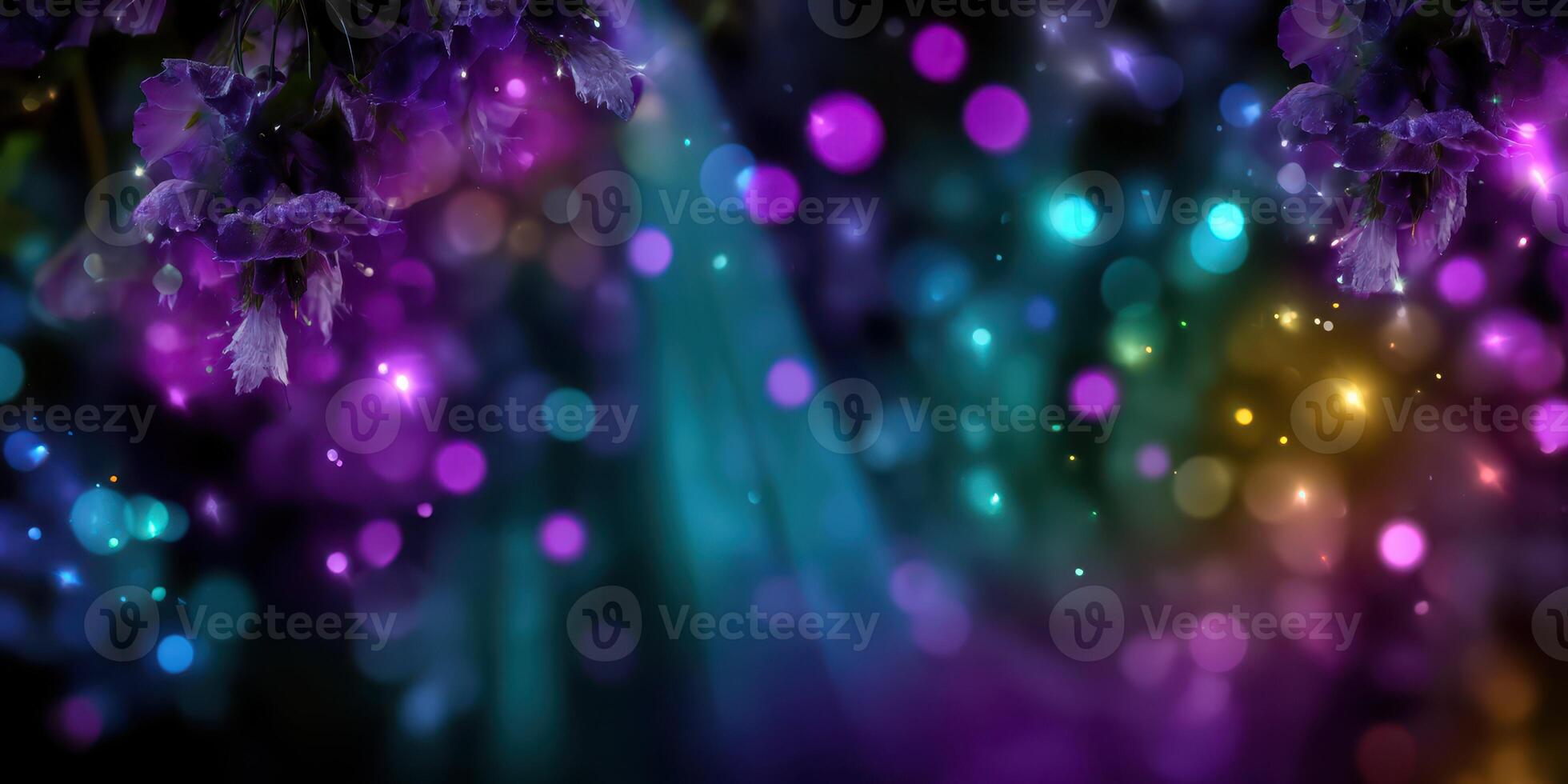Colorful abstract background with bright bokeh lights and floral elements creating a mystical ambiance photo