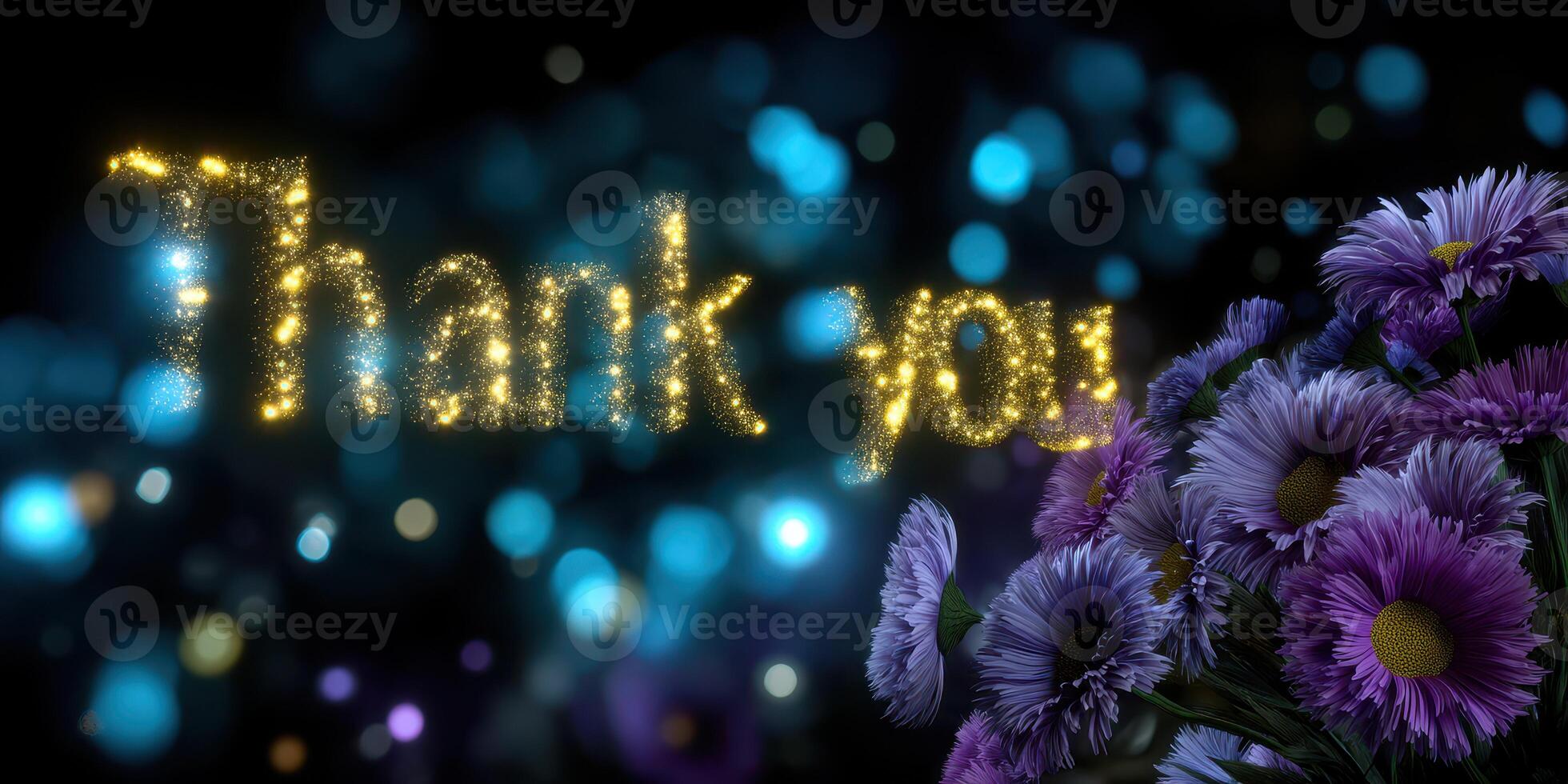 Beautiful thank you message with sparkling letters and vibrant purple flowers on a dark background photo