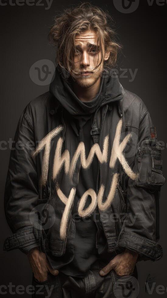 Man in dark clothing expresses gratitude through artistic text in a studio setting photo