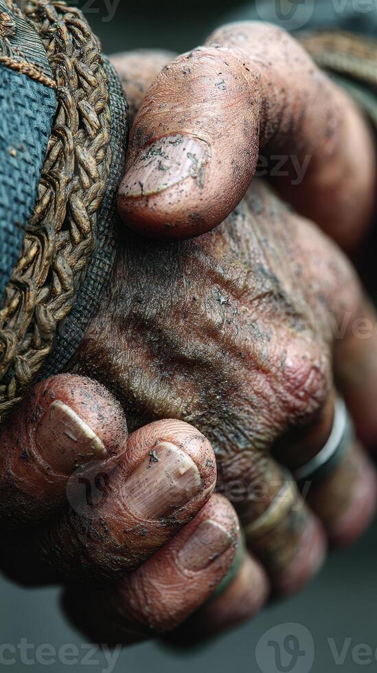 Two weathered hands clasping each other in a moment of solidarity during an outdoor gathering in the late afternoon photo