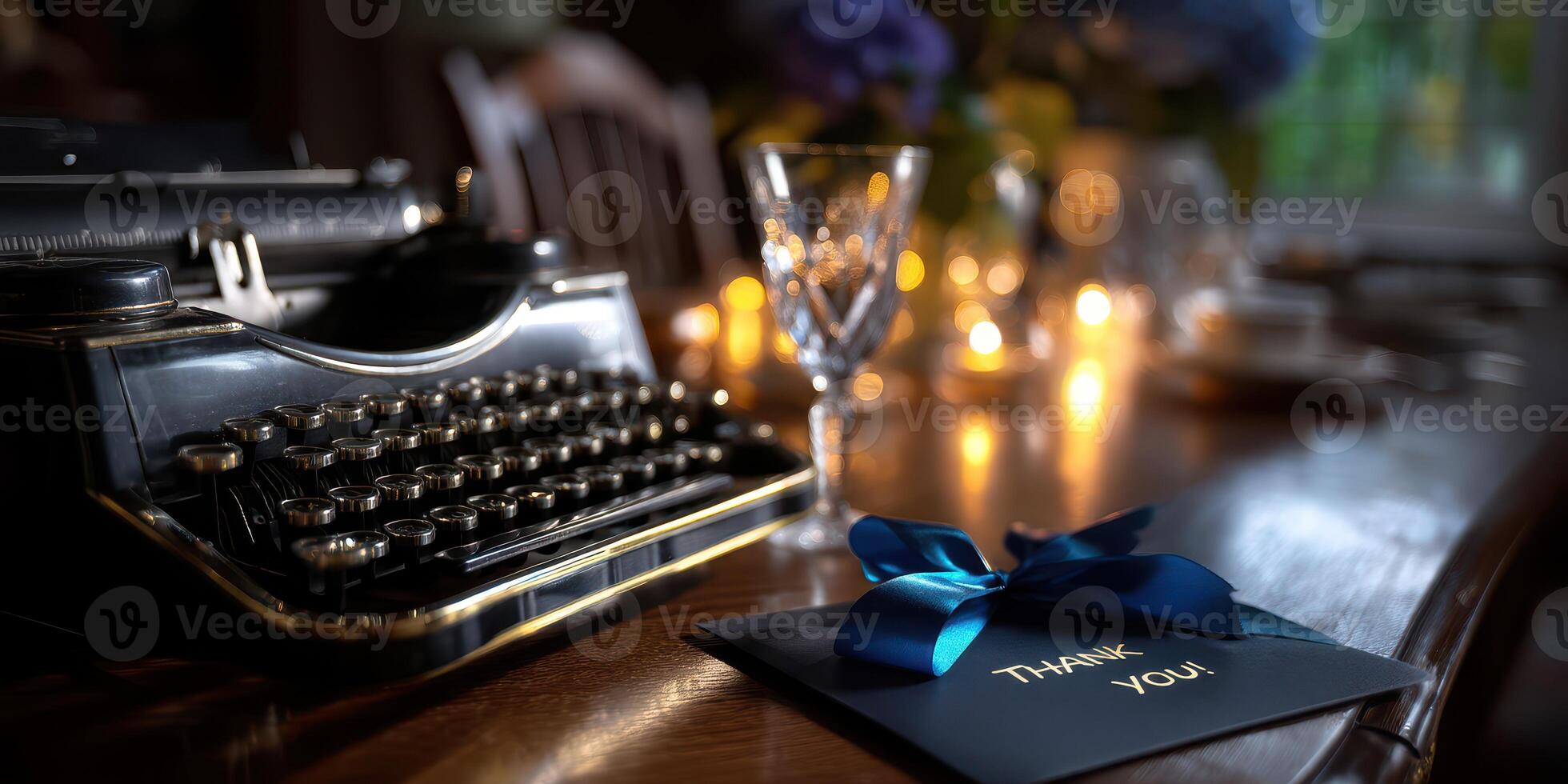 Elegant table setting with typewriter and thank you note in cozy indoor atmosphere photo