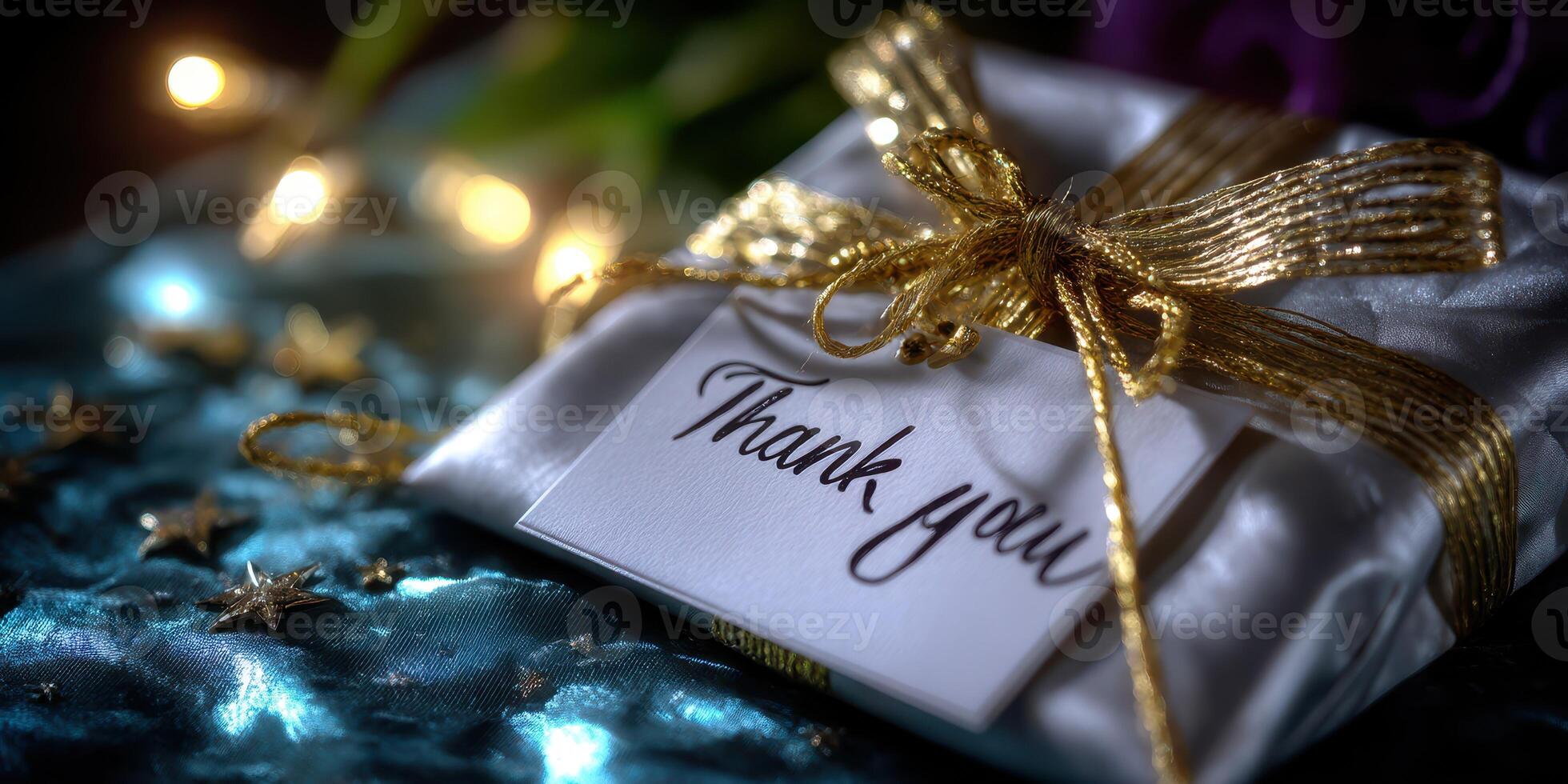 Gift package with thank you note on elegant fabric background with warm lights during evening gathering photo