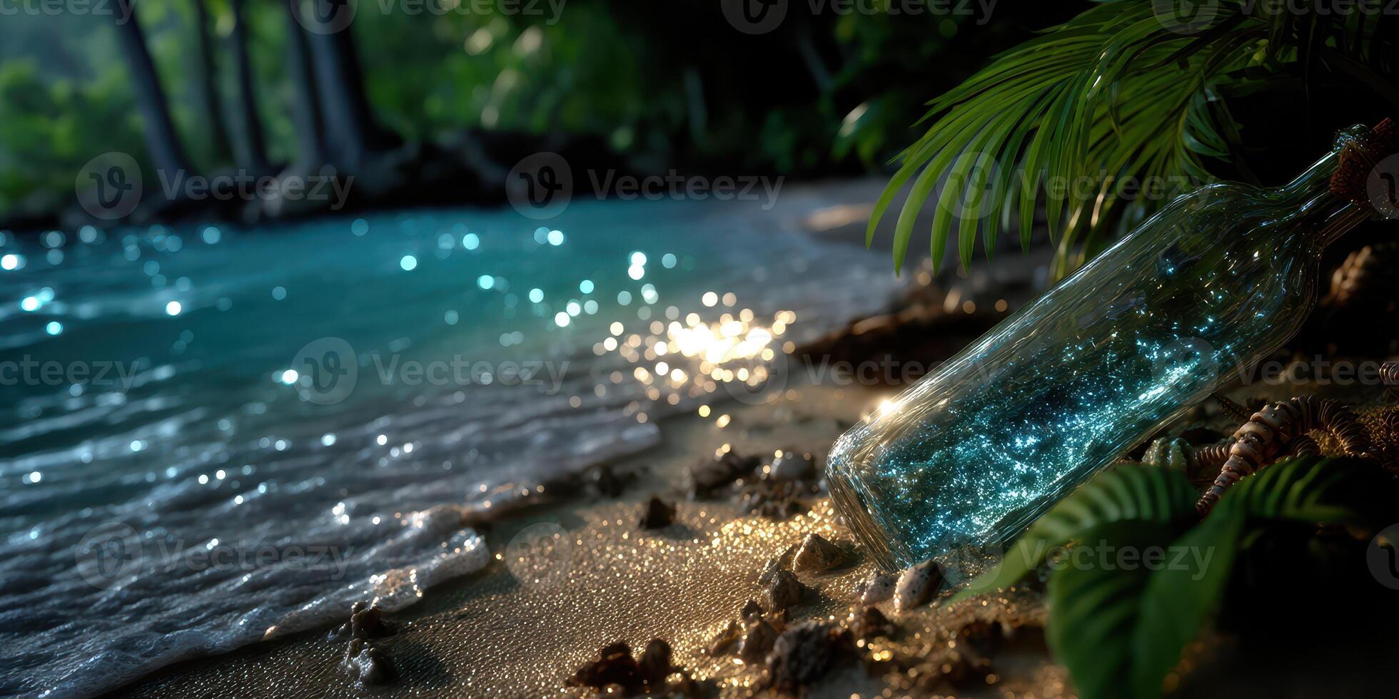 Message in a bottle rests on a sandy beach by the tranquil sea during golden hour photo