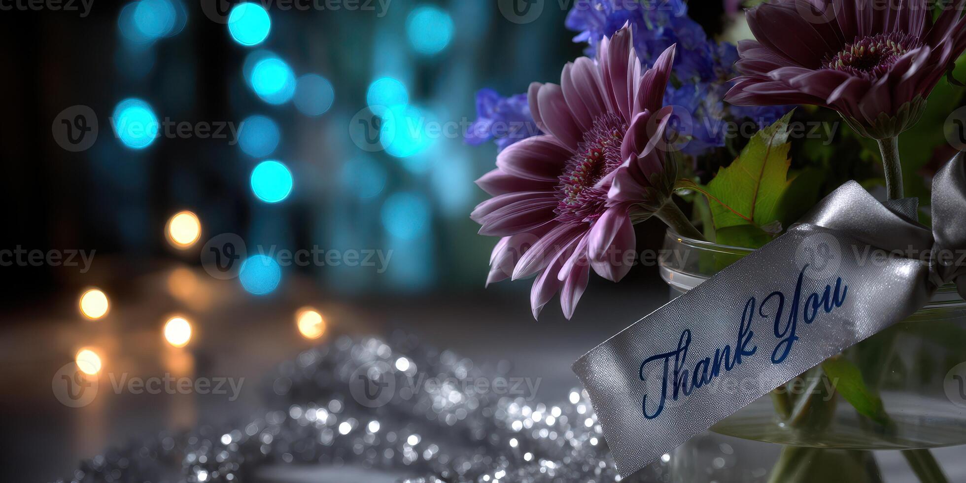 Colorful flowers with thank you note and soft glowing lights create a warm atmosphere for gratitude and appreciation in a cozy setting photo