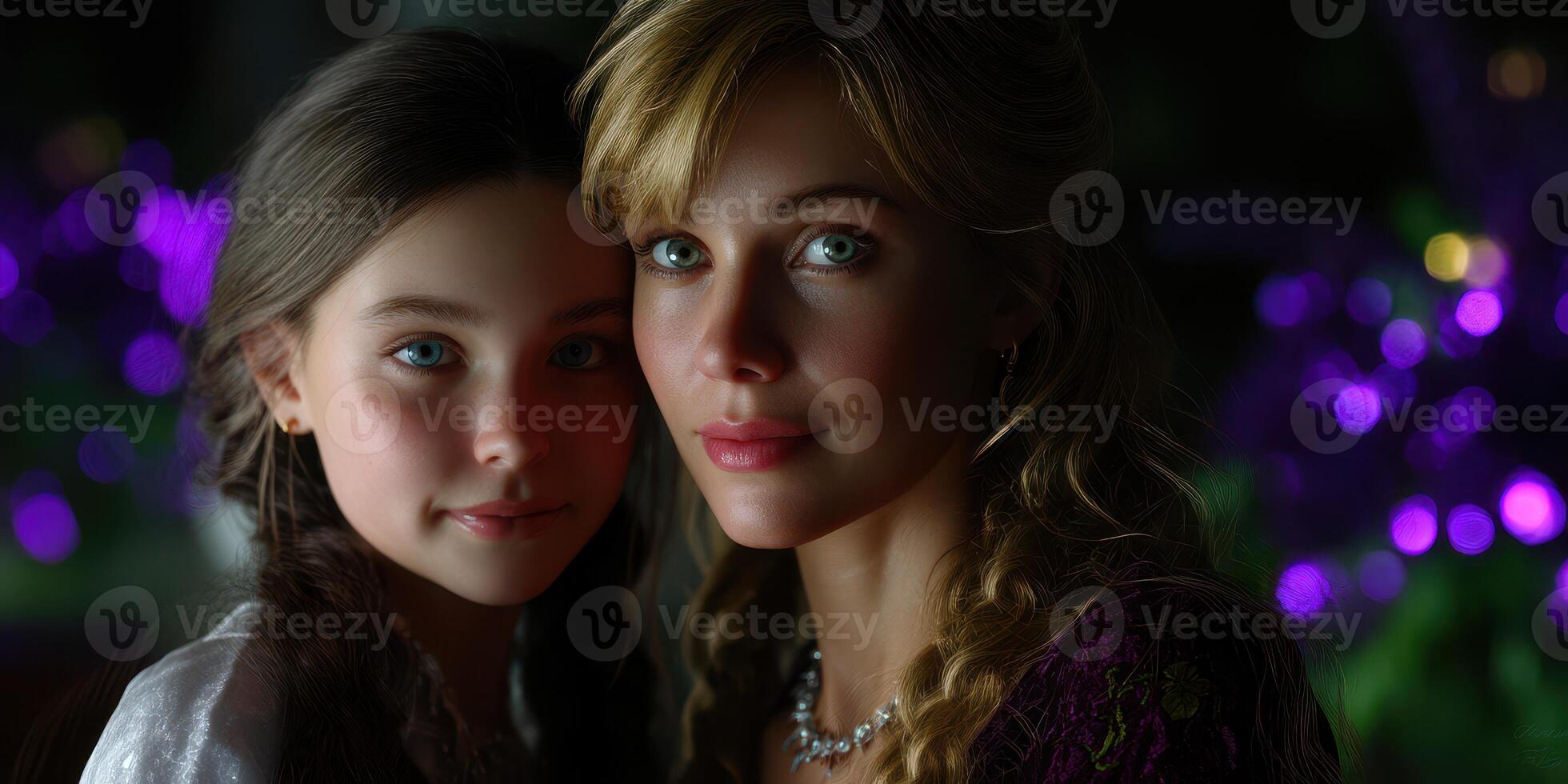 Two women share an intimate moment, standing close together in a softly illuminated environment photo