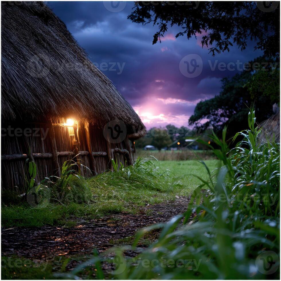 Hut illuminated at dusk with approaching storm clouds over a rural landscape photo