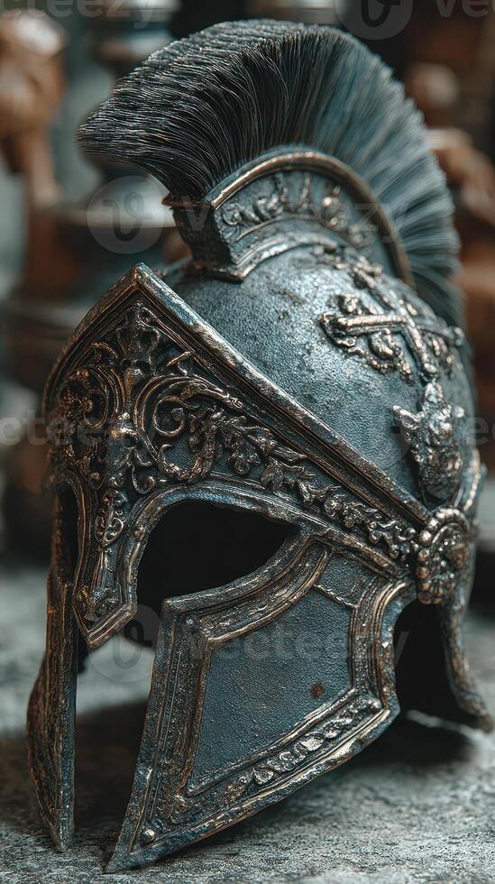 Detailed Roman helmet displayed in a vintage shop with intricate designs and historical significance photo