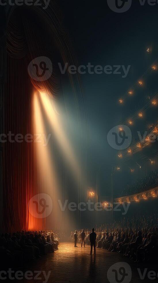 Spotlight falls on performers as an audience eagerly awaits in a vintage theater during a captivating evening show photo